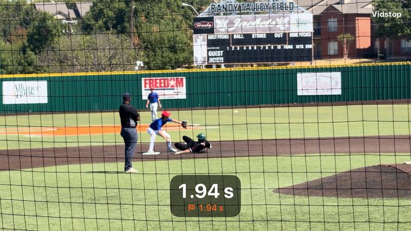 A frame from a video shared from Vidstop, played on a phone: a runner slides into second base as the fielder makes the tag, with the time, 1.94 seconds, shown in a badge at the bottom of the picture.